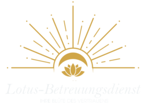 Logo des Lotus-Betreuungsdiensts mit goldener Lotusblüte, aufgehender Sonne und dem Slogan „Ihre Blüte des Vertrauens“.