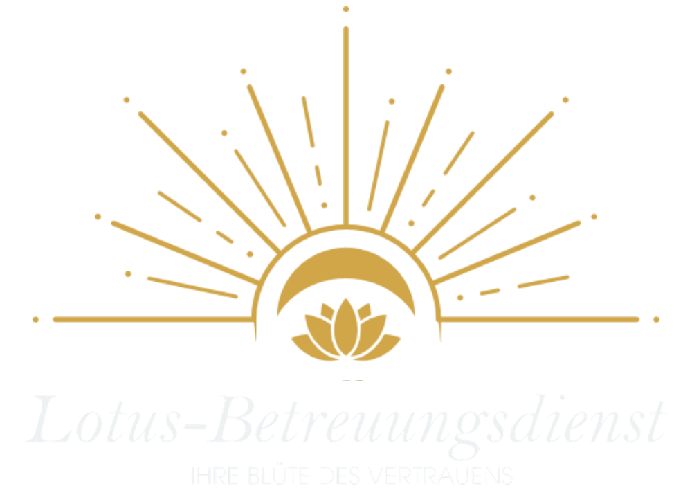 Logo des Lotus-Betreuungsdiensts mit goldener Lotusblüte, aufgehender Sonne und dem Slogan „Ihre Blüte des Vertrauens“.