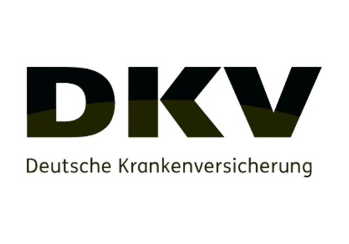 DKV Logo mit Schriftzug „Deutsche Krankenversicherung“ auf dunklem Hintergrund.