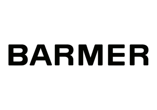 BARMER Schriftzug als Logo in dunkler Darstellung auf schwarzem Hintergrund.
